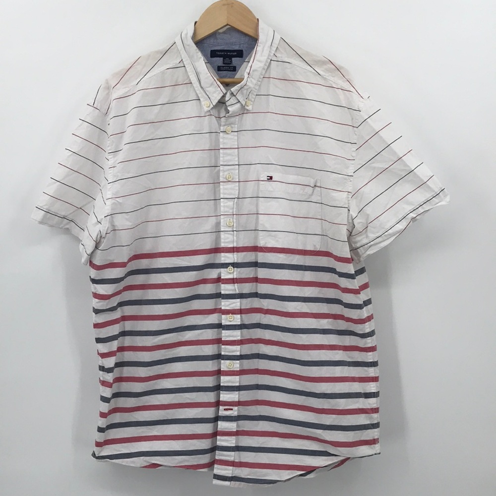 Tommy Hilfiger Short Sleeve Red White Blue Stripe Button Down Shirt Men's XXL